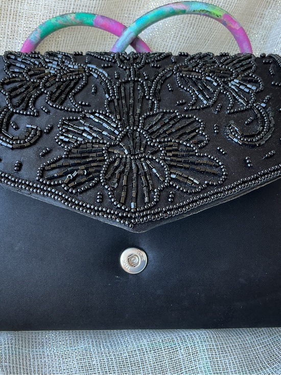 La Regale Handbags - La Regale Black Beaded Clutch with Multicolor Handles